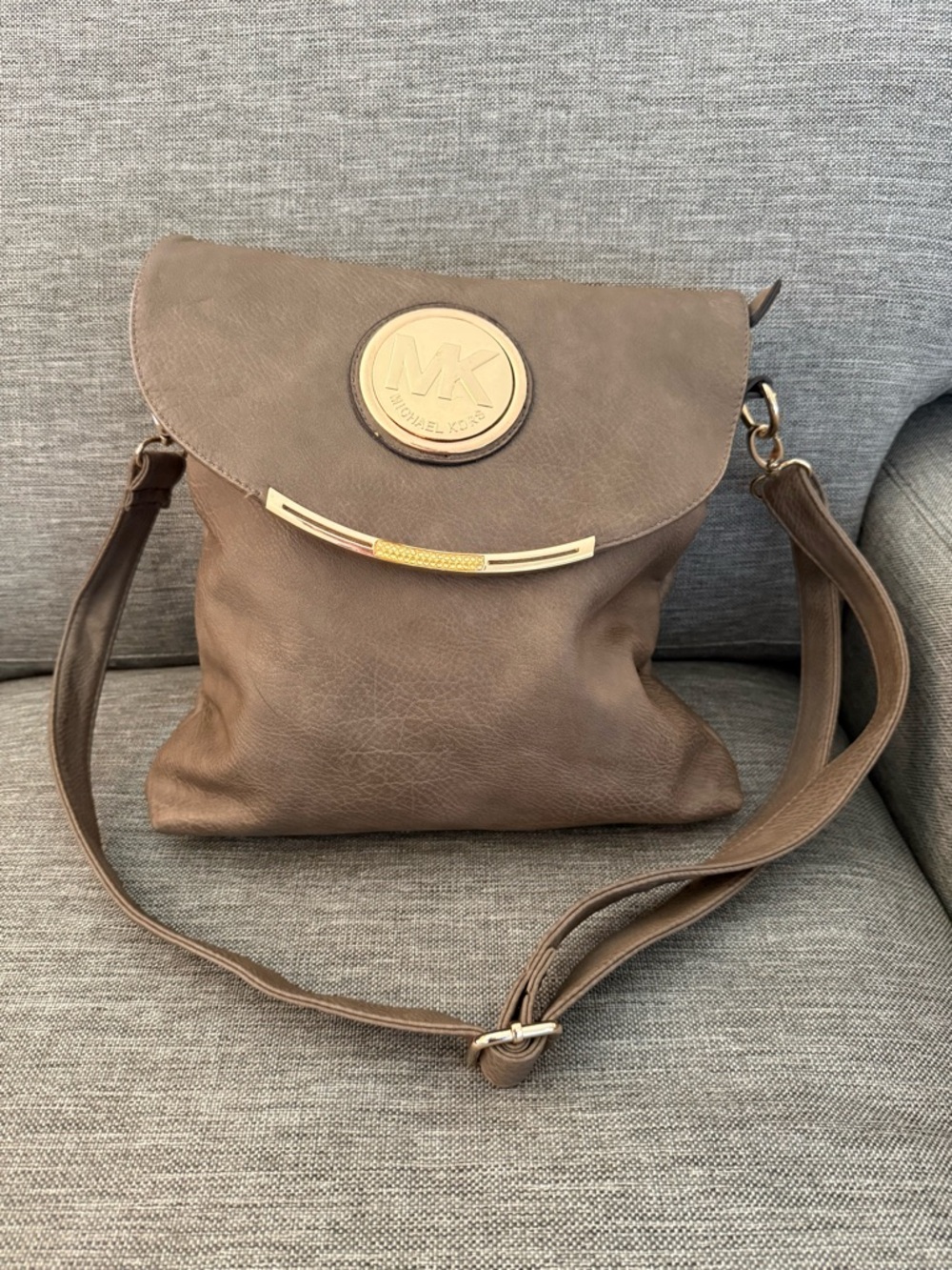 Michael Kors Taupe Leather Crossbody Bag with Gold Accents